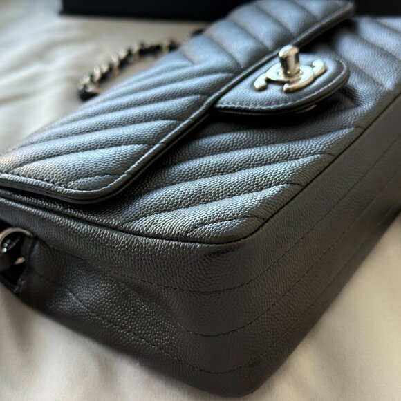Chanel Black Caviar Chevron Quilted Rectangular Mini Flap Bag Silver - Picture 12 of 16
